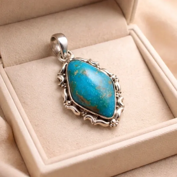 Antique Style Natural Turquoise Pendant in 925 Sterling Silver - Blue Protection Stone for Healing and Fortune by Suyagya