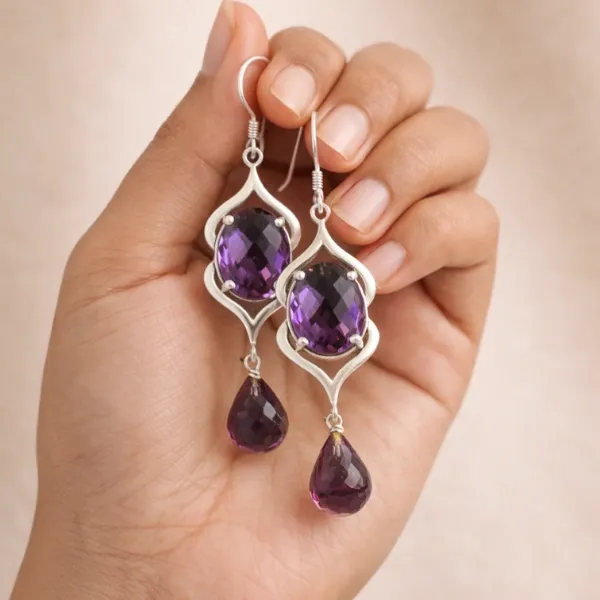 Real Amethyst Dangle Drop Earrings in 925 Silver – For Peace