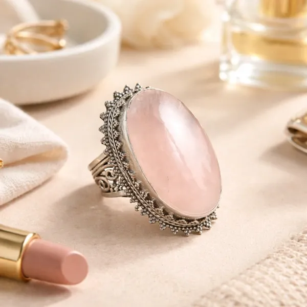 Natural Rose Quartz Boho Ring in 925 Silver – For Self-Love