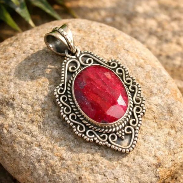 Indian Ruby Round Pendant 925 Silver | Manik Sun Stone