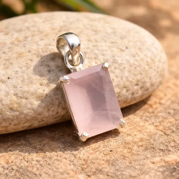 Rose Quartz Rectangle Pendant | 925 Silver Prong Setting