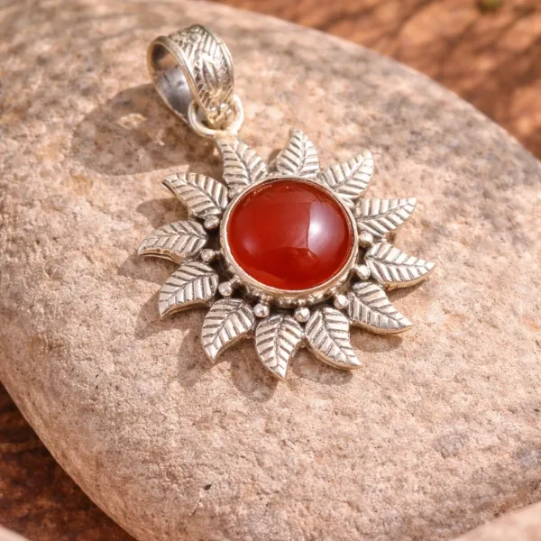 Natural Carnelian Leaf Pendant in 925 Sterling Silver for Women
