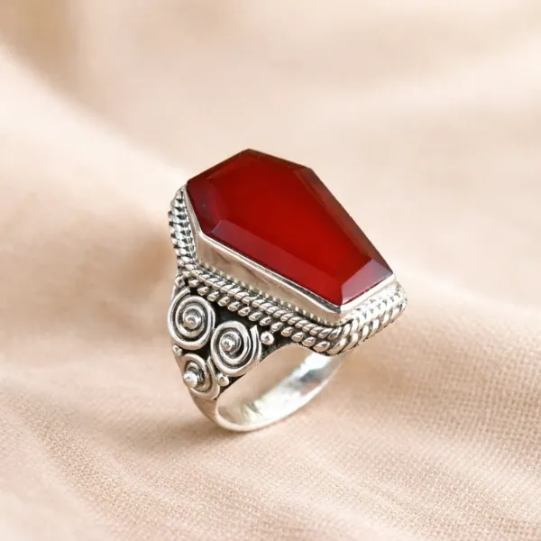 Gothic Carnelian Coffin Ring in 925 Sterling Silver