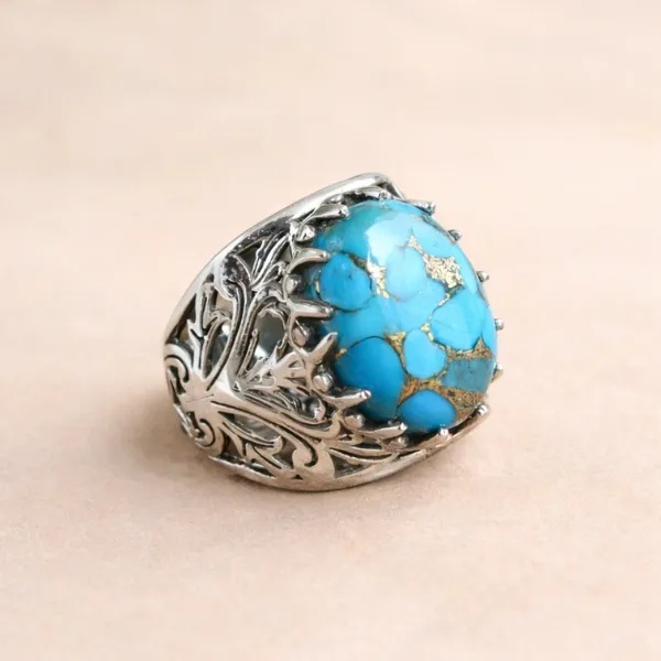 Men's Natural Blue Copper Turquoise Signet Ring in 925 Sterling Silver