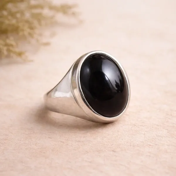 Men's Natural Black Onyx Signet Ring in 925 Sterling Silver - Handmade