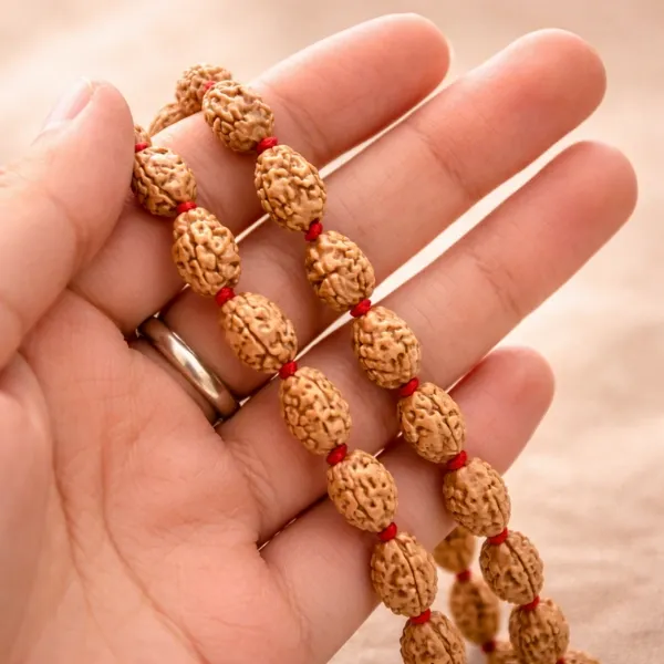Original 3 Mukhi Rudraksha Jaap Mala 108+1 beads held in hand showing natural texture - Suyagya