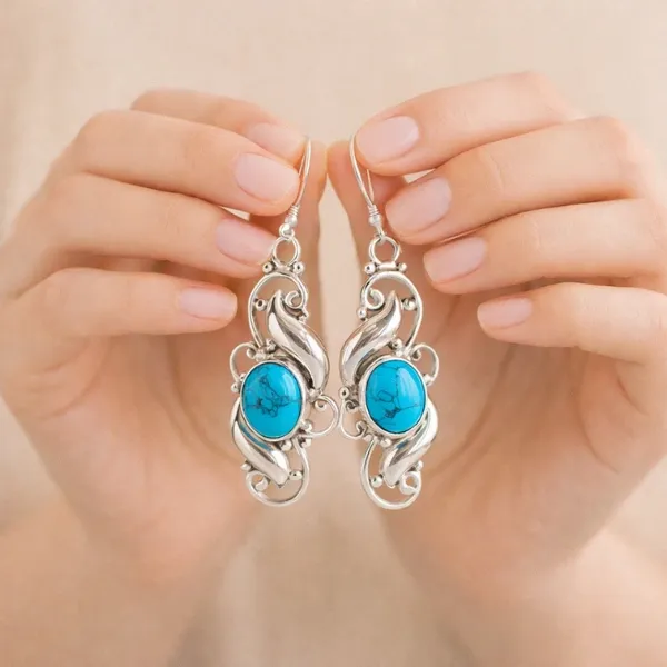 Turquoise Silver Drop Earrings in 925 Sterling Silver - Natural Blue Stone Elegant Swirl Design by Suyagya
