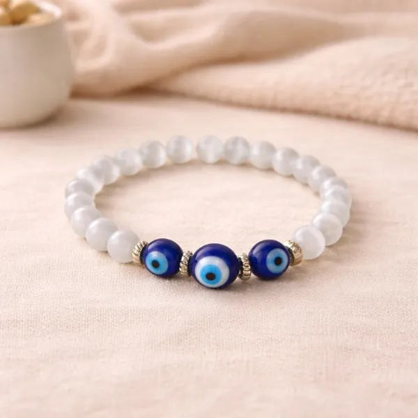 White Evil Eye Protection Bracelet – White Beads with Nazar Raksha Charm