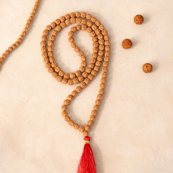 Original 5 Mukhi Rudraksha Jaap Mala 108+1 beads with red tassel on festive background - Suyagya